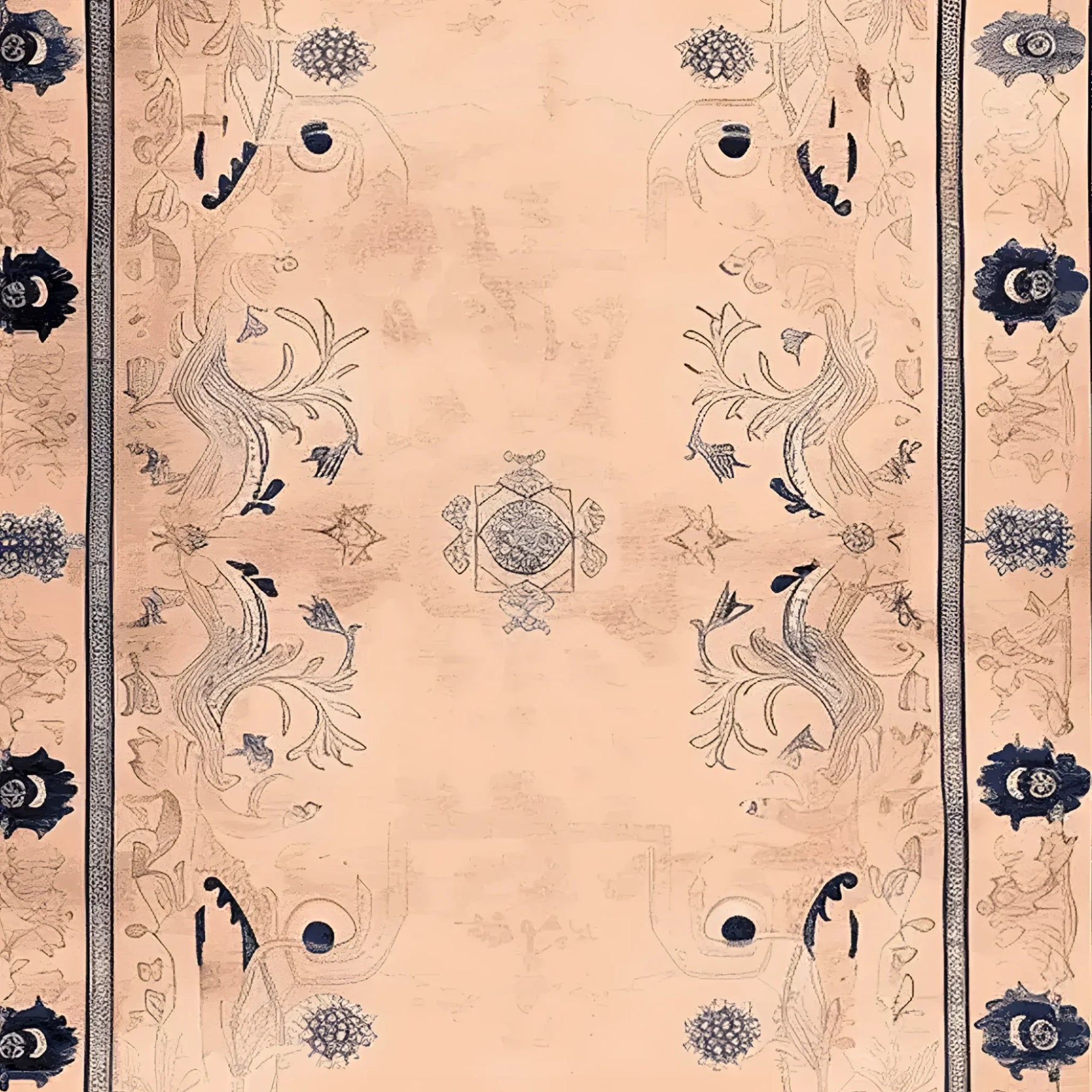 A beautifully designed Palace Garden Hand Knotted Area Rug, showcasing intricate floral patterns in rich blue and beige tones. This wool rug is perfect for adding elegance to a living room. Ideal as a large living room rug, it combines traditional craftsmanship with a modern aesthetic.