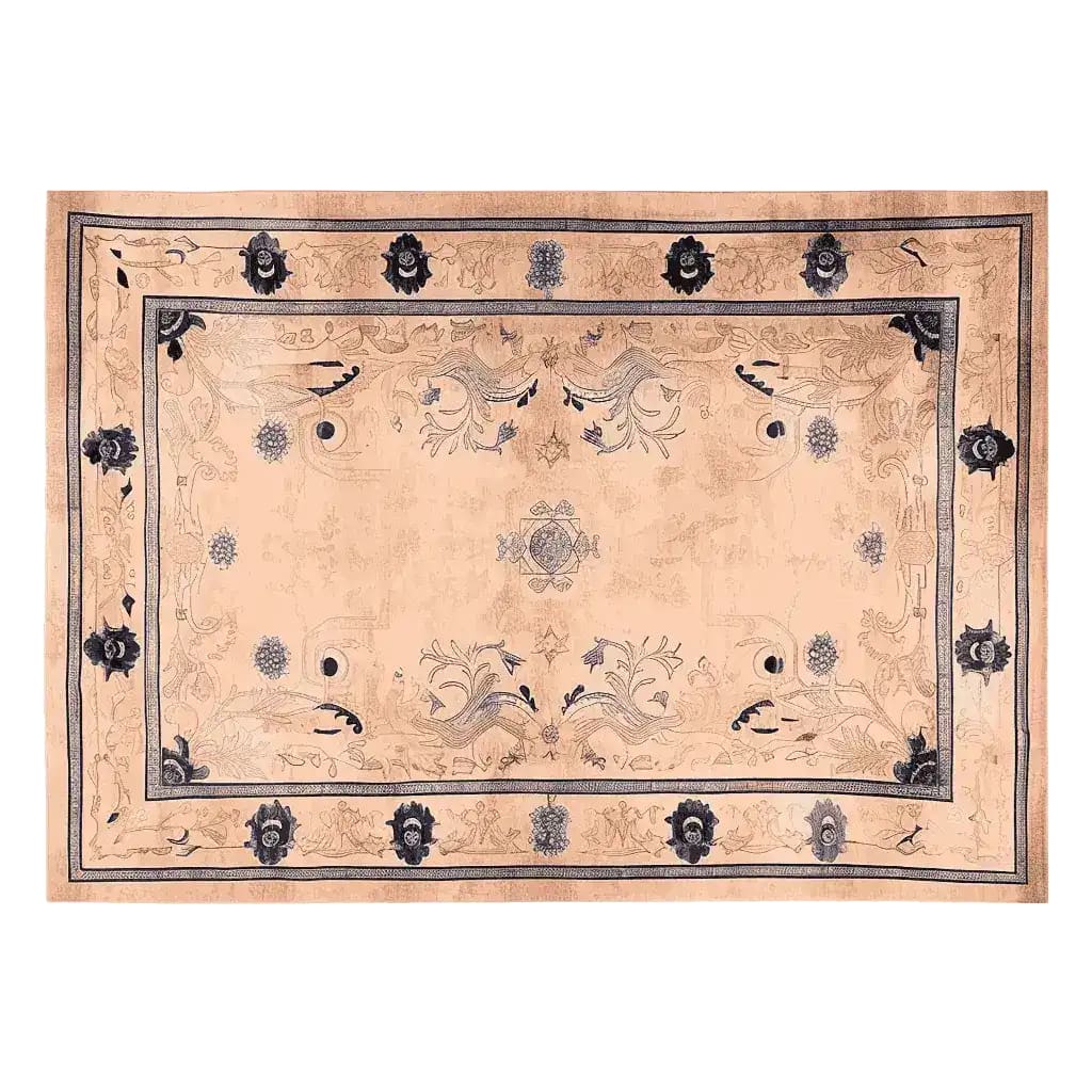 Palace Garden Hand Knotted Area Rug showcasing an elegant floral design. This wool rug features intricate patterns in a harmonious blend of beige and dark accents, perfect for enhancing living room decor. Ideal as a large living room rug, it adds a touch of sophistication and warmth.