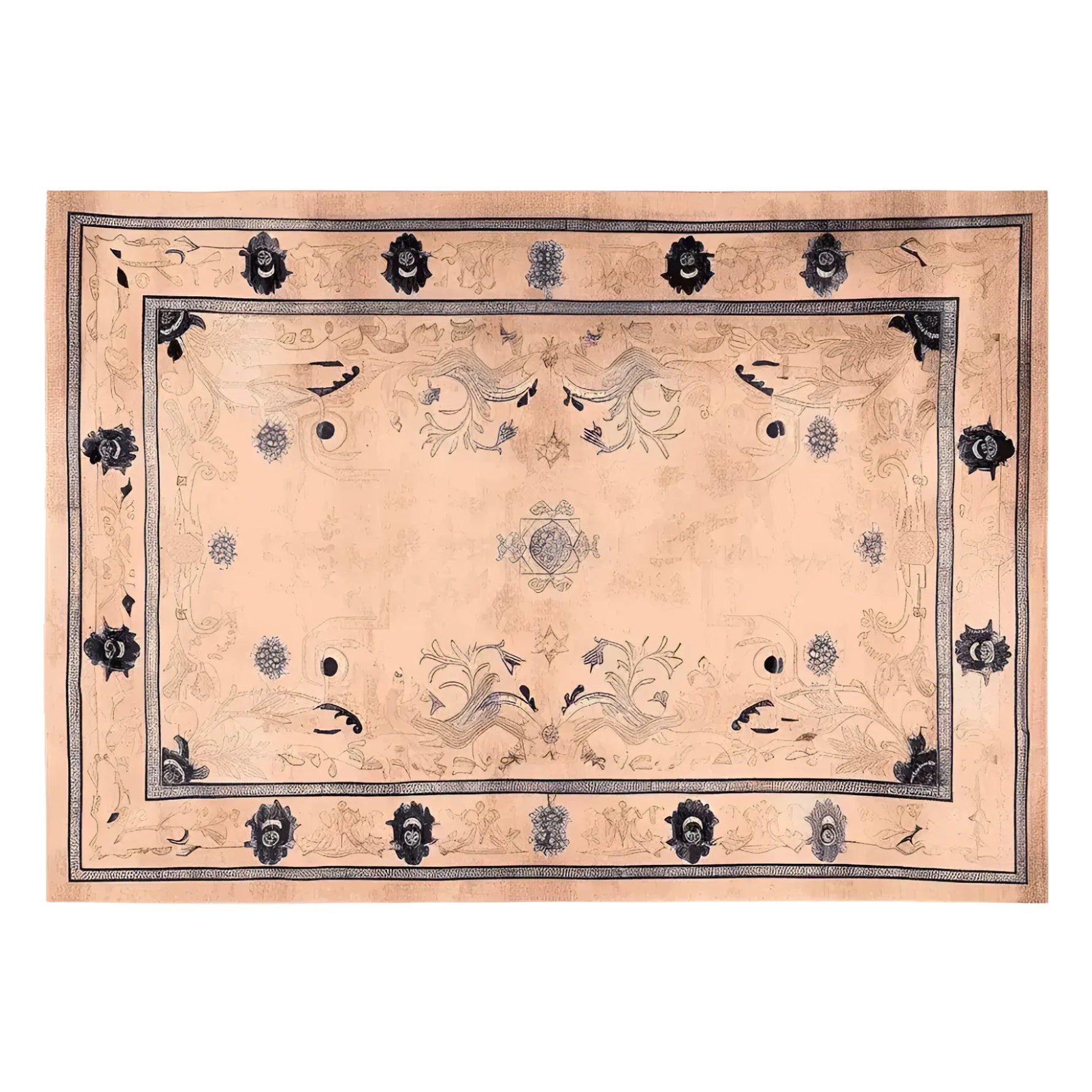Palace Garden Hand Knotted Area Rug showcasing an elegant floral design. This wool rug features intricate patterns in a harmonious blend of beige and dark accents, perfect for enhancing living room decor. Ideal as a large living room rug, it adds a touch of sophistication and warmth.