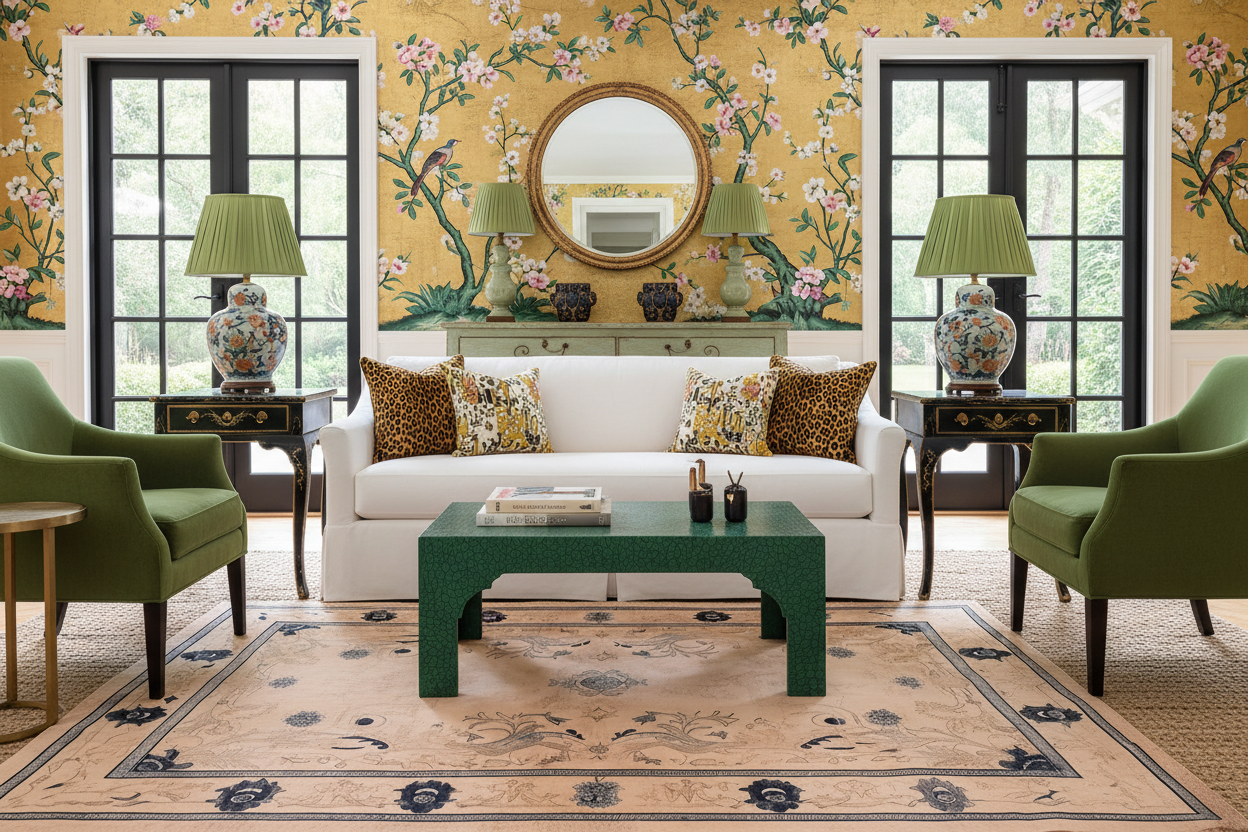 Living room with floral wallpaper, green chairs, floral rug, and a white sofa.