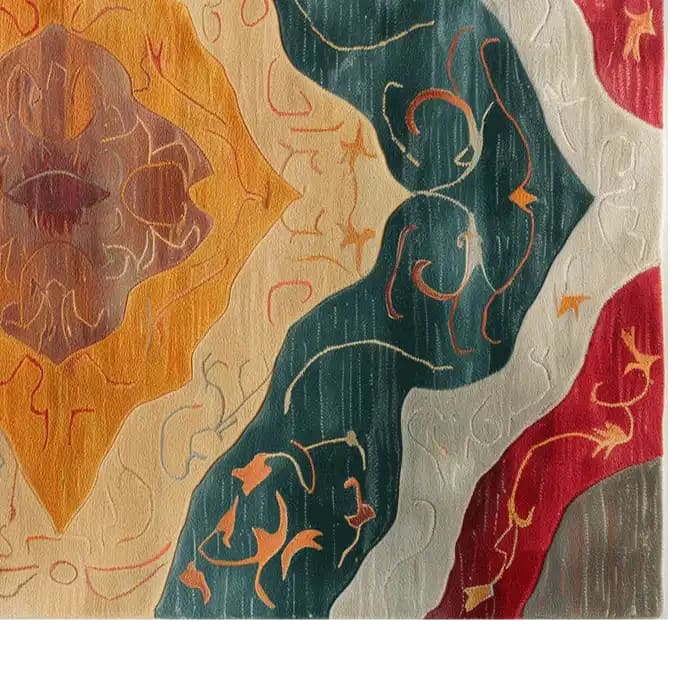 A beautifully designed Palace Heirloom Hand Tufted Wool Rug featuring an abstract pattern with rich tones of red, blue, orange, and beige. This elegant area rug is perfect for adding a touch of sophistication to any living room. Ideal for those seeking quality wool rugs and stylish area rugs for living room spaces.