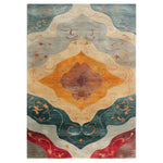 Top view of the Palace Heirloom Hand Tufted Wool Rug, featuring an abstract design with vibrant colors, ideal for enhancing living room spaces. This area rug combines earthy tones with rich, artistic patterns, making it a perfect choice for those seeking stylish and durable wool rugs for their living room.