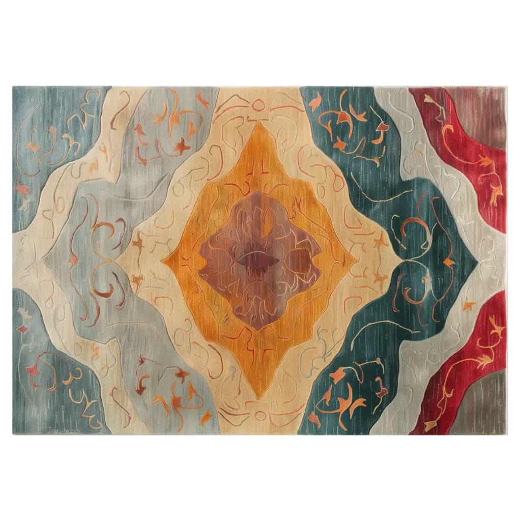 A beautifully designed Palace Heirloom Hand Tufted Wool Rug featuring an abstract, colorful pattern. This area rug is perfect for adding elegance to your living room. With its intricate design and soft wool texture, this rug is an ideal choice for those seeking stylish area rugs for the living room.