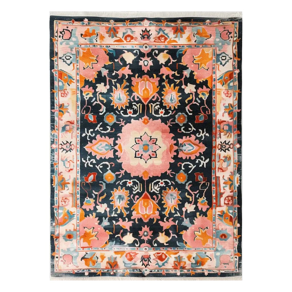 Top view of the Palace Legacy Hand Tufted Wool Rug, showcasing an intricate and colorful abstract design. This area rug features vibrant pink, orange, and blue patterns, ideal for elevating any living room decor.