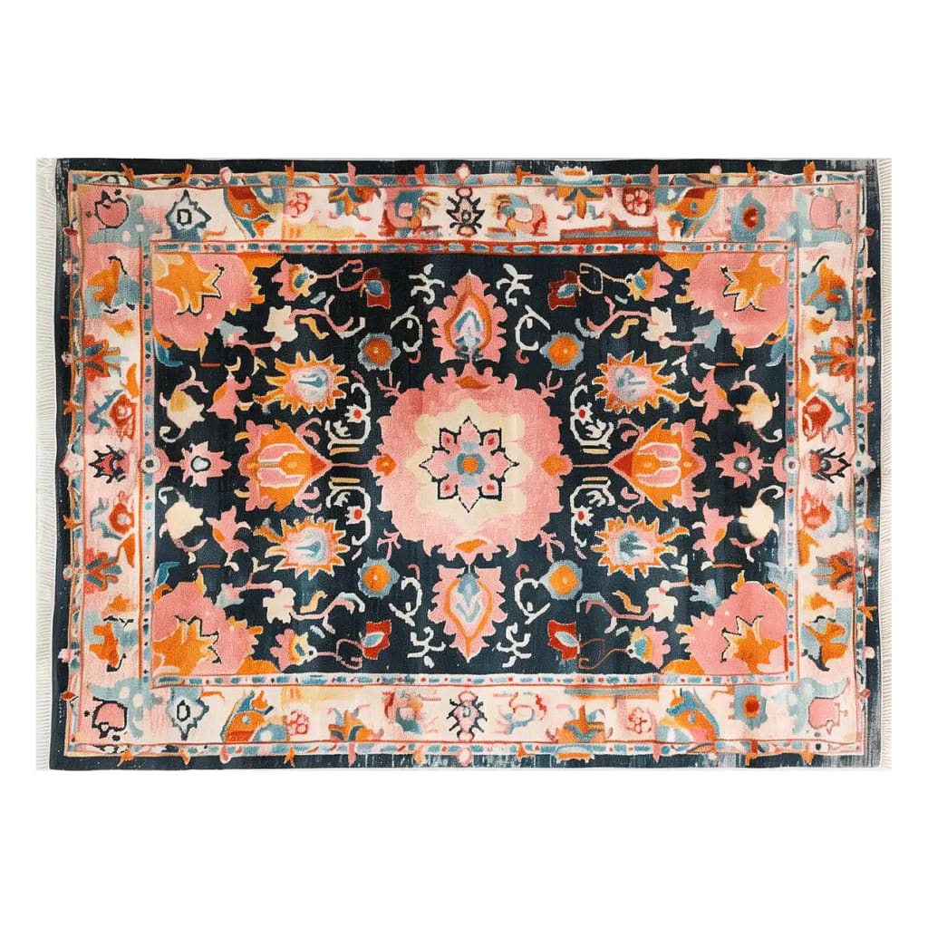 This vibrant area rug features an intricate floral pattern with bold pink, orange, and blue hues, making it a standout wool rug for any living room. The hand-tufted design adds a touch of elegance, perfect for enhancing your home decor.