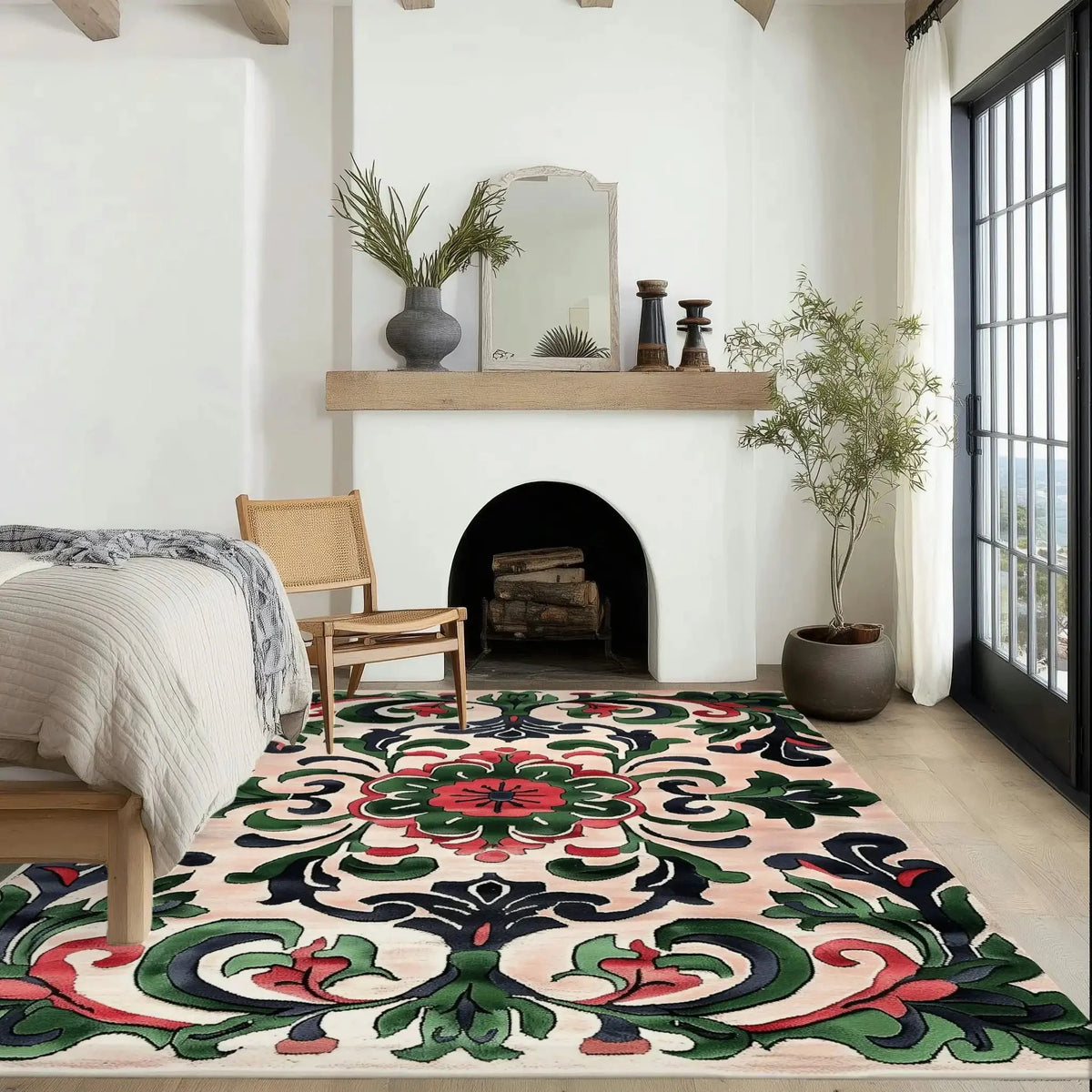 Elegant living room featuring a Palatial Blooms Hand Tufted Area Rug with vintage design and vibrant floral patterns. This wool rug adds a touch of sophistication to both dining and formal living spaces, perfectly complementing the cozy fireplace and natural decor.