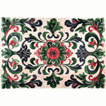 A beautifully intricate Palatial Blooms Hand Tufted Area Rug, perfect for dining room or living room decor. This vintage wool rug features an elegant floral pattern in vibrant green, red, and black hues, ideal for adding a touch of sophistication to formal dining room settings.