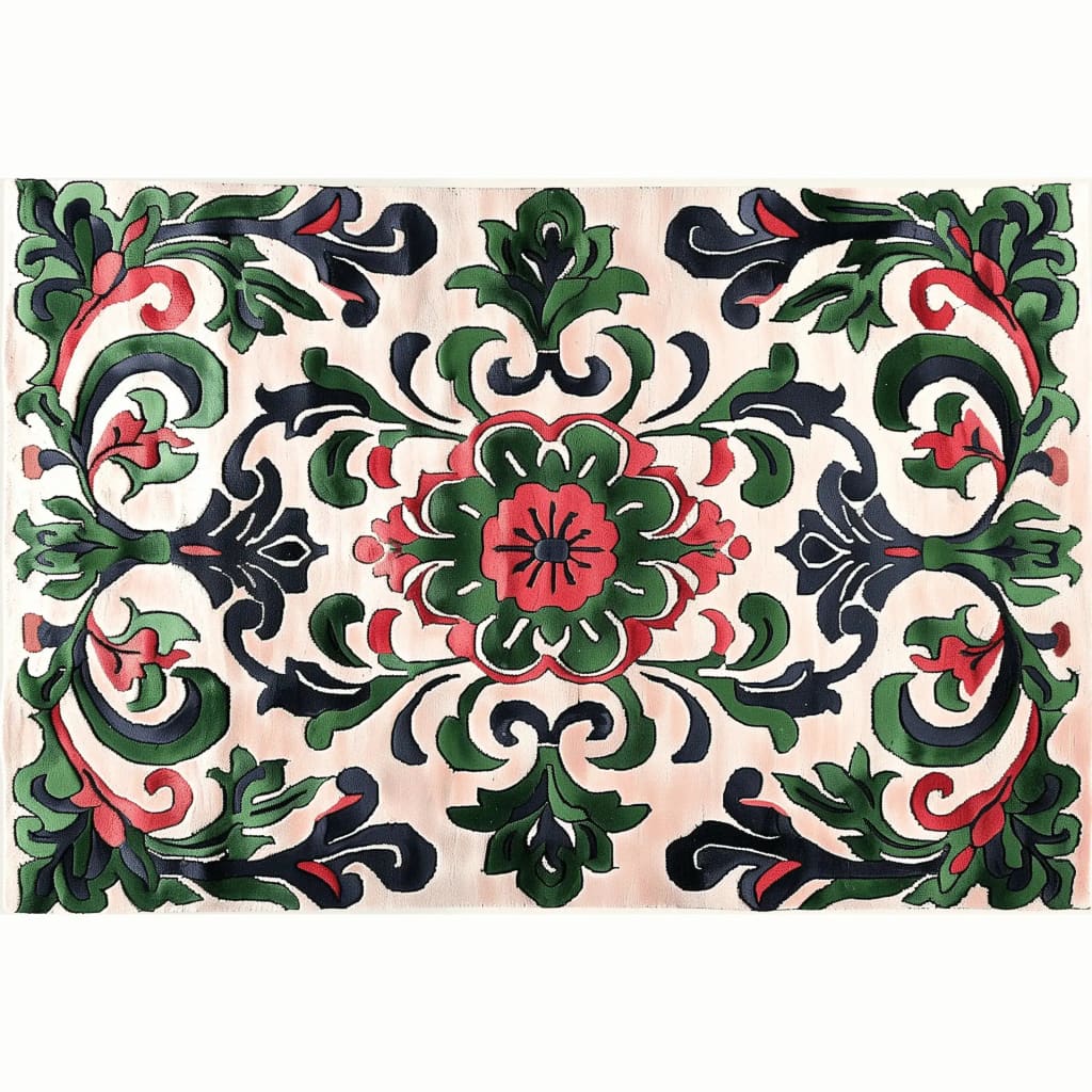 A beautifully intricate Palatial Blooms Hand Tufted Area Rug, perfect for dining room or living room decor. This vintage wool rug features an elegant floral pattern in vibrant green, red, and black hues, ideal for adding a touch of sophistication to formal dining room settings.