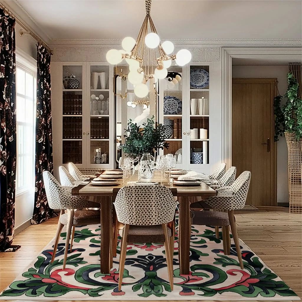 A beautifully styled dining room featuring a Palatial Blooms Hand Tufted Area Rug. The vintage wool rug adds charm and elegance to the space, with its intricate floral patterns and vibrant colors. Perfect for a formal dining room setting, the rug lies beneath a polished wooden dining table surrounded by stylish chairs, enhancing the cozy yet sophisticated ambiance.