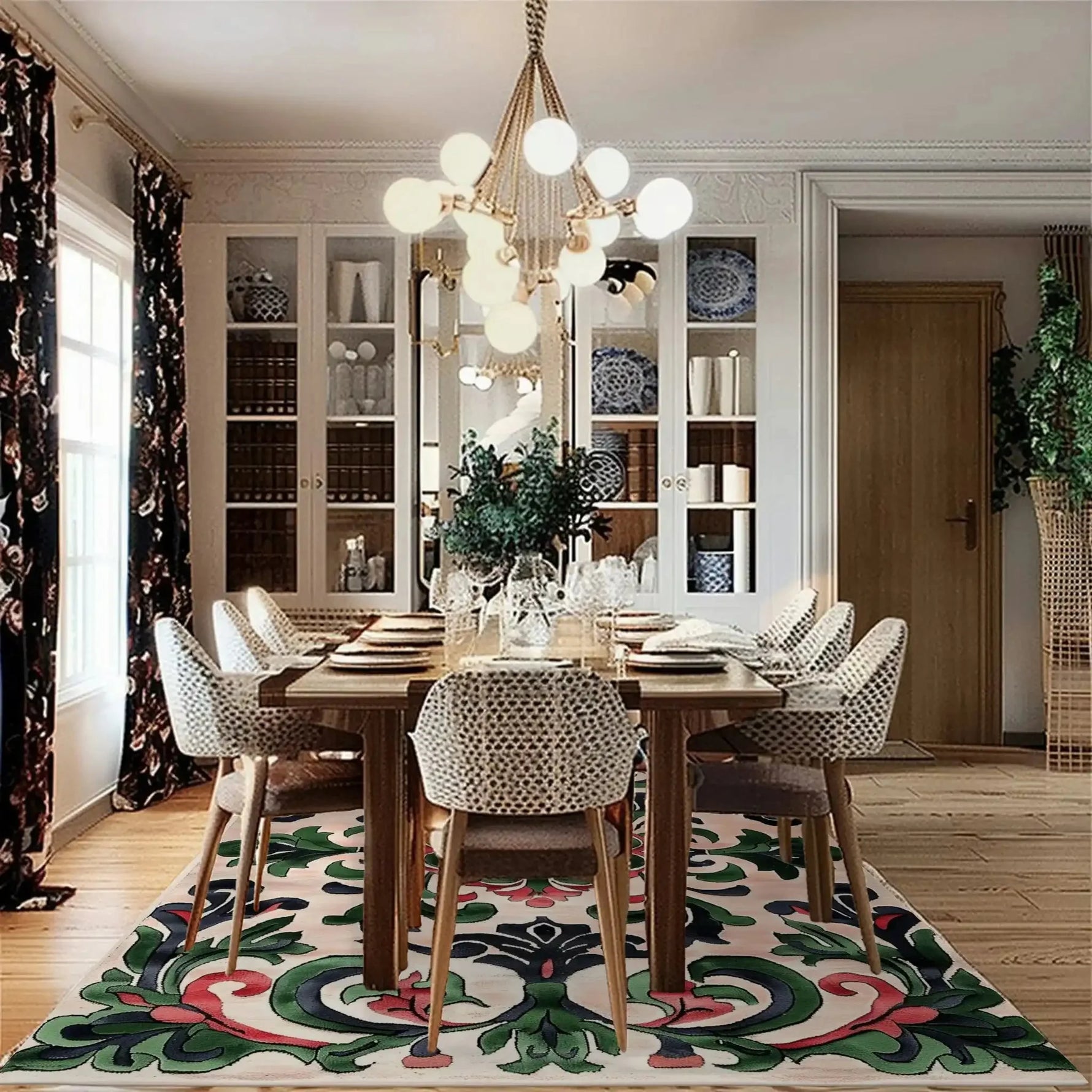 A beautifully styled dining room featuring a Palatial Blooms Hand Tufted Area Rug. The vintage wool rug adds charm and elegance to the space, with its intricate floral patterns and vibrant colors. Perfect for a formal dining room setting, the rug lies beneath a polished wooden dining table surrounded by stylish chairs, enhancing the cozy yet sophisticated ambiance.