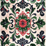 A vibrant Palatial Blooms Hand Tufted Rug with a rich floral design in shades of green, red, and black, perfect as an area rug for dining rooms or living rooms. This vintage wool rug adds elegance to formal dining room settings.