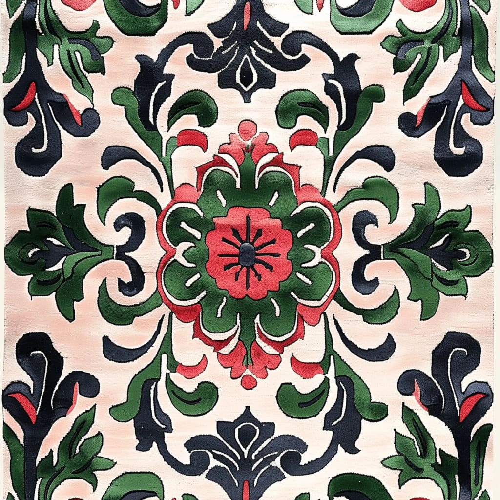A vibrant Palatial Blooms Hand Tufted Rug with a rich floral design in shades of green, red, and black, perfect as an area rug for dining rooms or living rooms. This vintage wool rug adds elegance to formal dining room settings.