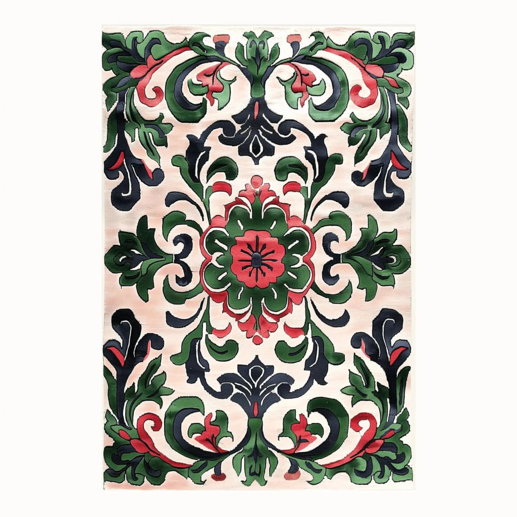 Palatial Blooms Hand Tufted Rug showcasing an intricate floral design with rich green, red, and black patterns, perfect for adding a vintage touch to a dining room or living room. This wool area rug offers an elegant option for formal dining room settings.
