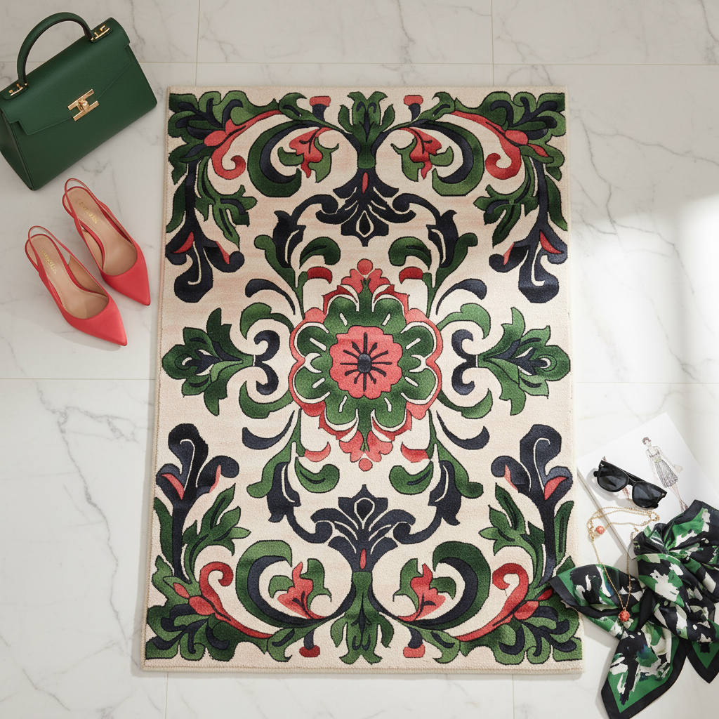 Decorative rug with intricate green, black, and pink pattern on a white marble surface with accessories.