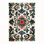 Palatial Blooms Hand Tufted Rug showcasing an intricate floral design with rich green, red, and black patterns, perfect for adding a vintage touch to a dining room or living room. This wool area rug offers an elegant option for formal dining room settings.