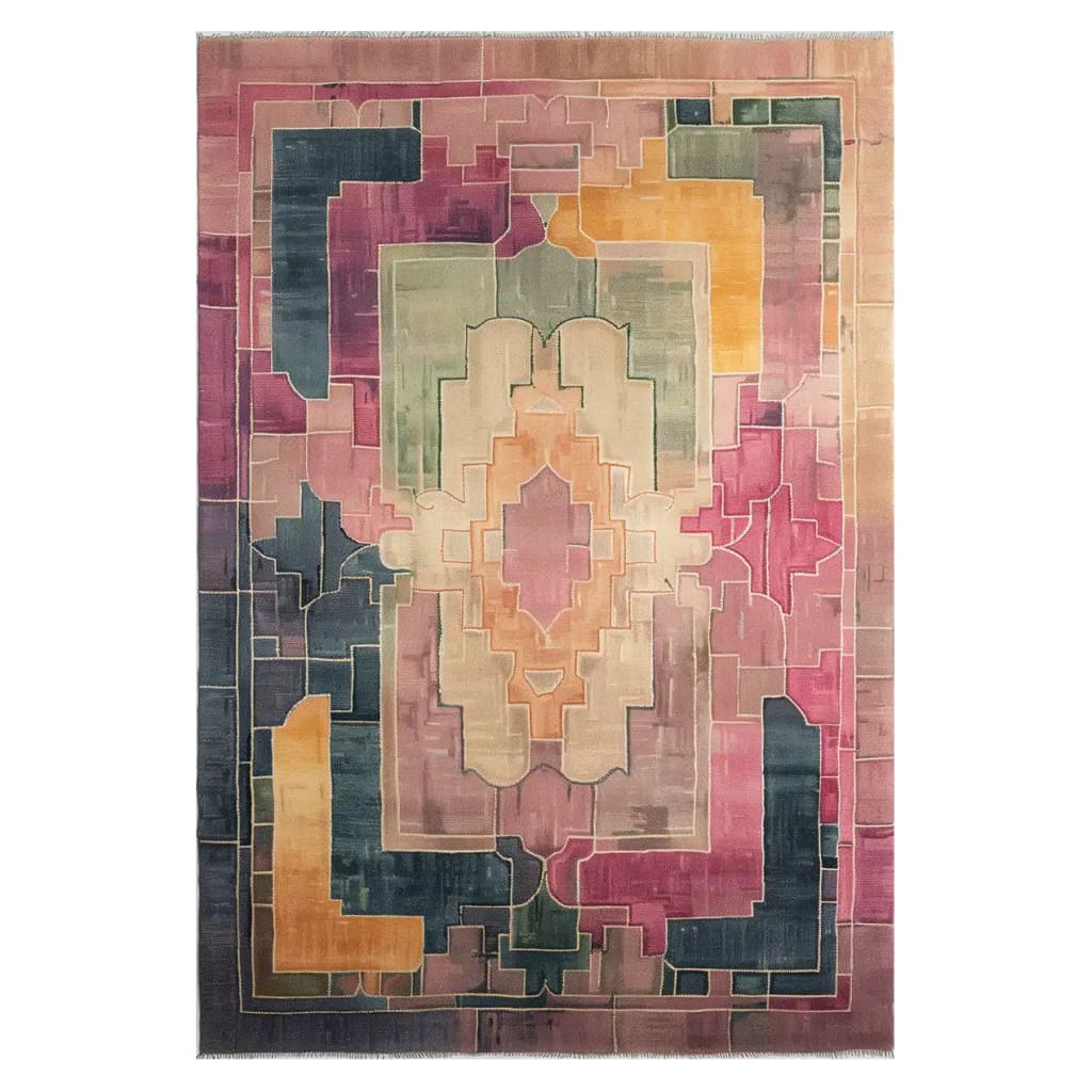 Top view of the Palatial Mirage Hand Tufted Wool Rug showcasing a vibrant geometric pattern in rich colors. This area rug, ideal for a contemporary living room, measures 8x10 and combines the luxurious feel of wool with bold design.