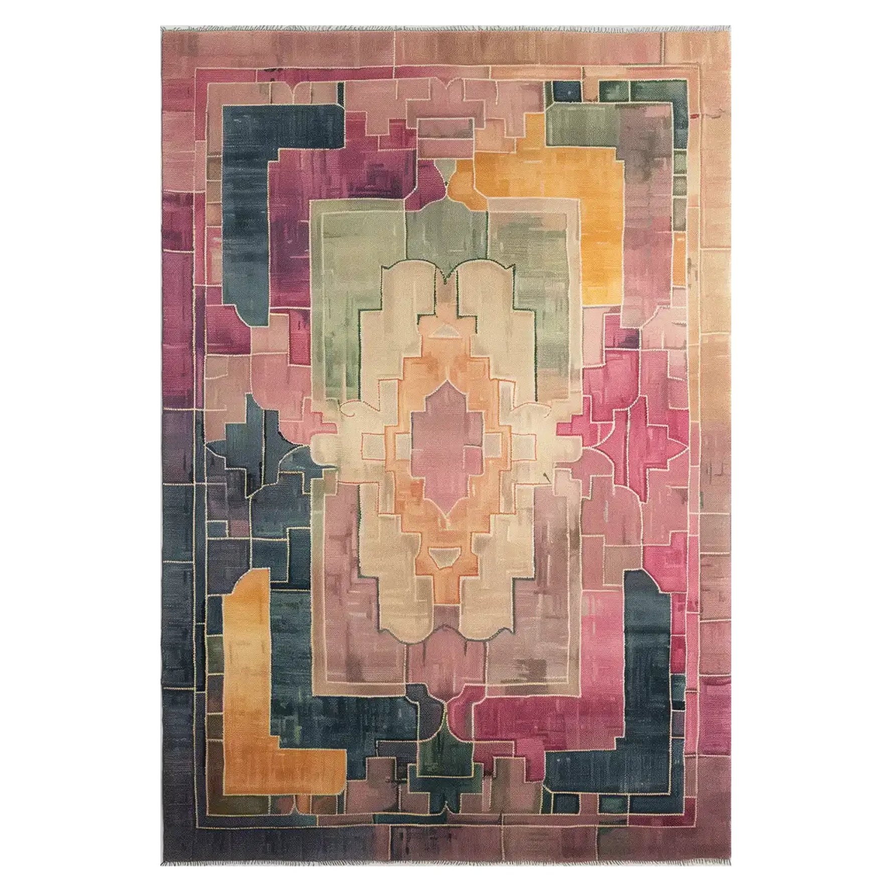 Top view of the Palatial Mirage Hand Tufted Wool Rug showcasing a vibrant geometric pattern in rich colors. This area rug, ideal for a contemporary living room, measures 8x10 and combines the luxurious feel of wool with bold design.