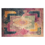 Elegant Palatial Mirage hand-tufted wool area rug showcasing a vibrant, abstract geometric design in shades of pink, orange, and green. This contemporary rug is perfect for adding a stylish touch to living rooms, especially in the popular 8x10 size, making it an ideal choice for those seeking area rugs for the living room.