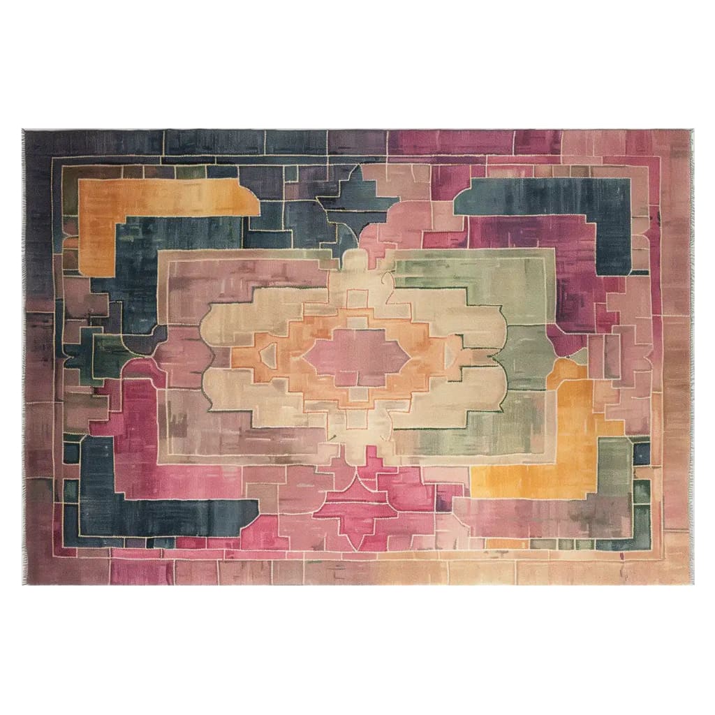 Elegant Palatial Mirage hand-tufted wool area rug showcasing a vibrant, abstract geometric design in shades of pink, orange, and green. This contemporary rug is perfect for adding a stylish touch to living rooms, especially in the popular 8x10 size, making it an ideal choice for those seeking area rugs for the living room.