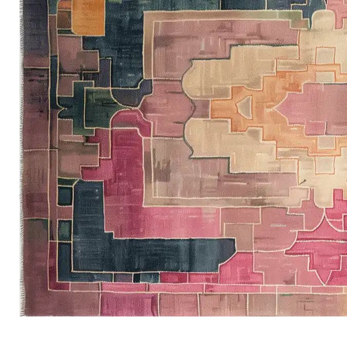 A vibrant area rug with an abstract geometric design in shades of blue, pink, and beige, perfect for contemporary living spaces. This hand-tufted wool rug is ideal for adding a modern touch to living room decor. The Palatial Mirage design is available in a popular 8x10 size, making it a stunning centerpiece among area rugs for living rooms.