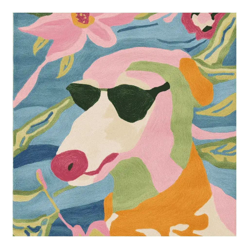 Vibrant and contemporary area rug featuring a playful abstract design with colorful shapes forming a dog wearing sunglasses. This square wool rug is perfect for adding a pop of color to your living room. Ideal as an 8x10 living room area rug, this hand-tufted piece combines art and functionality for a modern home decor statement.