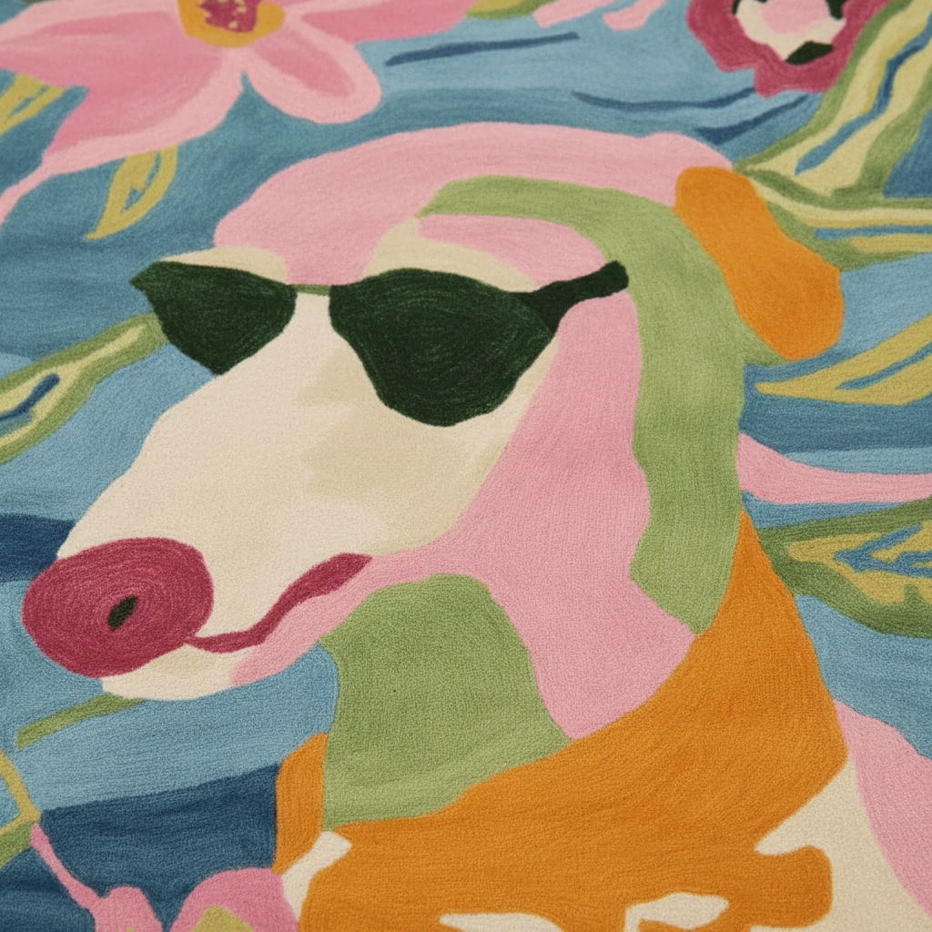 Colorful rug with a dog wearing sunglasses and floral background