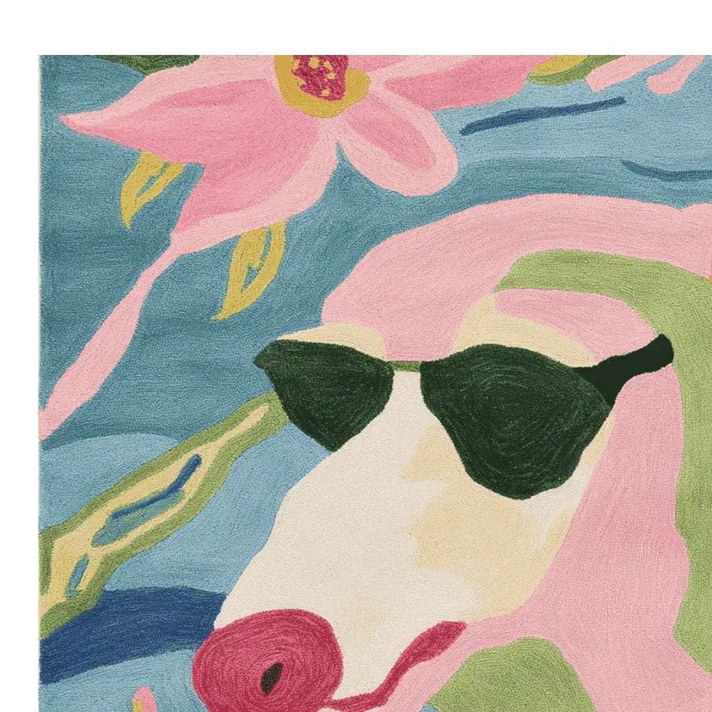 Vibrant and contemporary wool rug featuring an abstract design of a dog wearing sunglasses, with colorful floral accents. This square area rug is ideal for adding a pop of color to living room spaces, available in an 8x10 size.