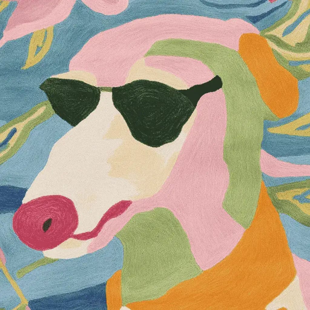 Vibrant and whimsical area rug featuring a playful abstract design of a dog wearing sunglasses. This contemporary wool rug, perfect for living room settings, adds a touch of fun and color. Ideal as a square area rug or living room rug 8x10.