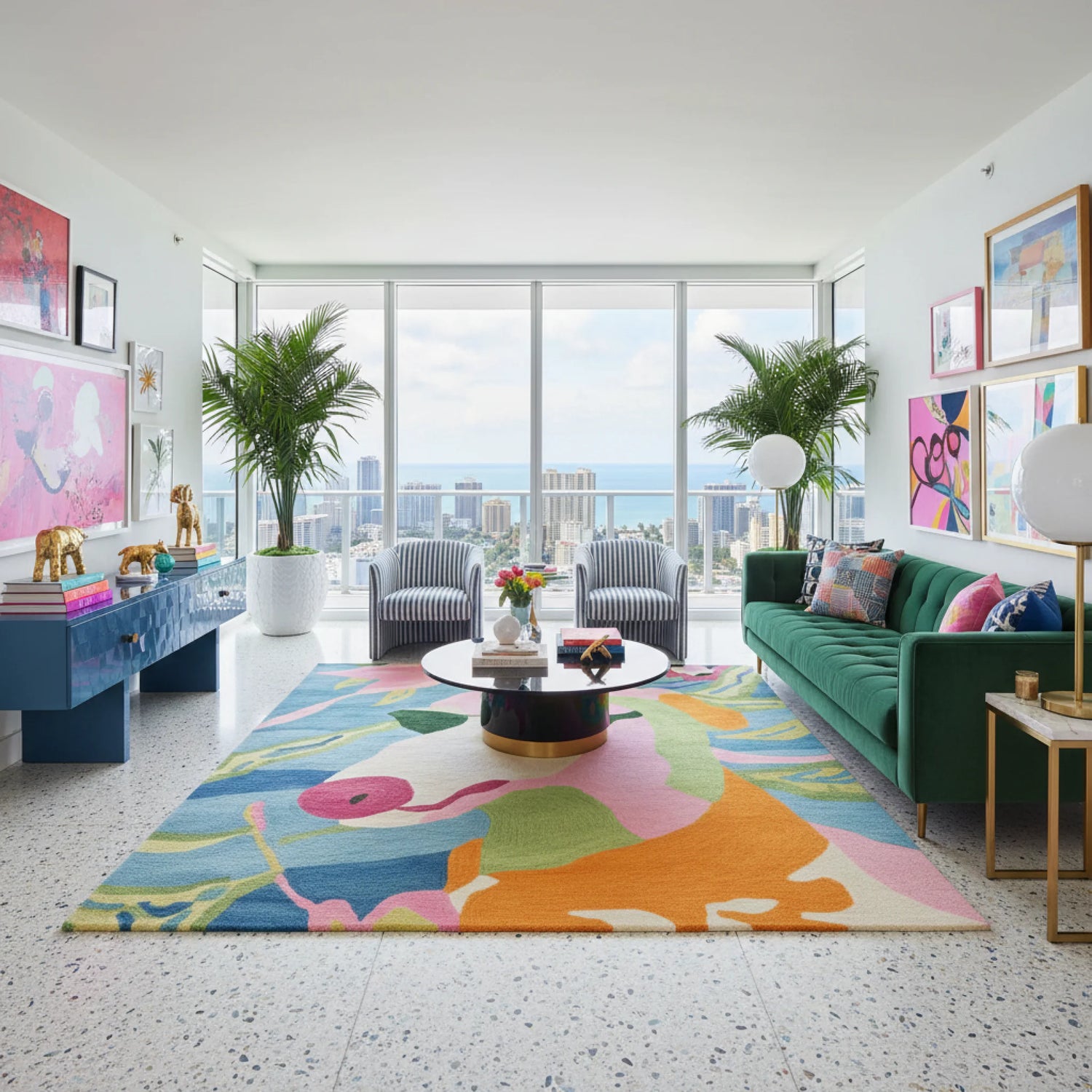 Modern living room with a colorful rug, green sofa, and city view.