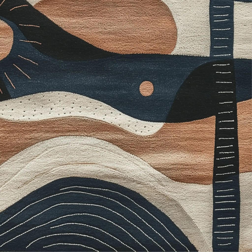 Close-up of the Palm Echoes Hand Tufted Rug featuring an abstract design with earthy tones of brown, beige, and dark blue. Perfect for adding a touch of contemporary style to living room area rugs, this wool rug blends vintage charm with modern aesthetics, ideal for both living room and office spaces.