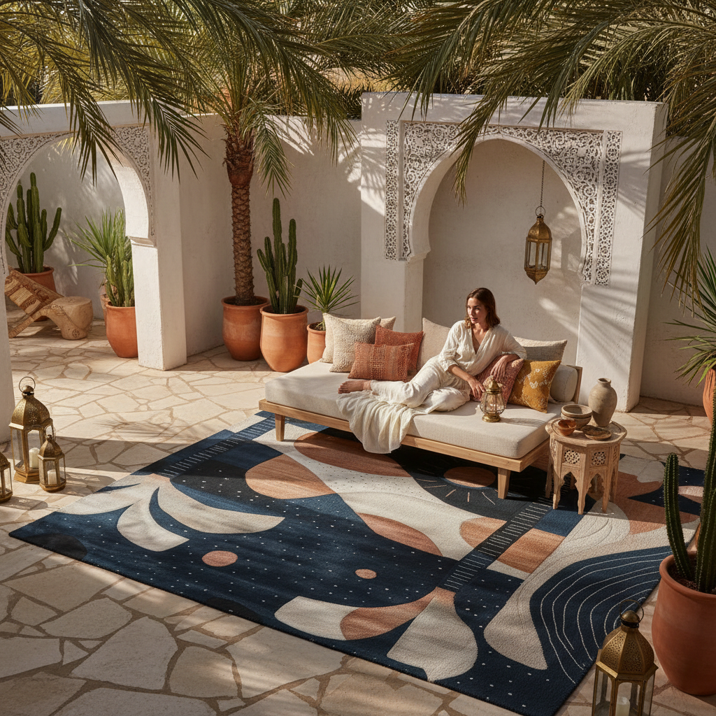 Woman sitting on a couch in a stylish outdoor patio with decorative rug and plants.