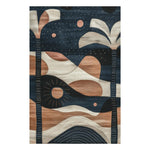 The Palm Echoes Hand Tufted Rug is a striking contemporary rug designed for living room spaces. This area rug features a unique abstract pattern with palm tree motifs, combining navy blue, beige, and terracotta hues. Perfect as a vintage rug option, this wool rug adds a touch of artistry and warmth to any office or living room decor.