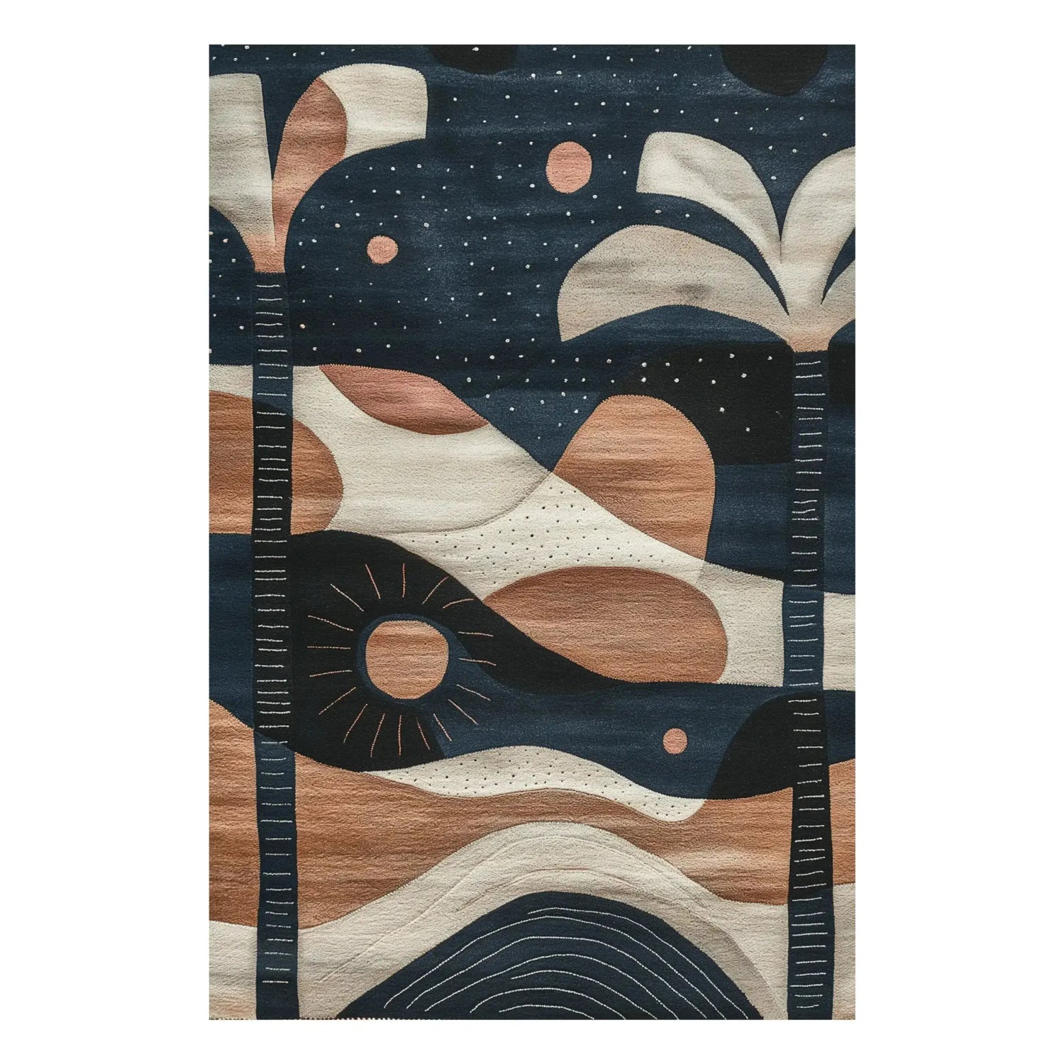 The Palm Echoes Hand Tufted Rug is a striking contemporary rug designed for living room spaces. This area rug features a unique abstract pattern with palm tree motifs, combining navy blue, beige, and terracotta hues. Perfect as a vintage rug option, this wool rug adds a touch of artistry and warmth to any office or living room decor.