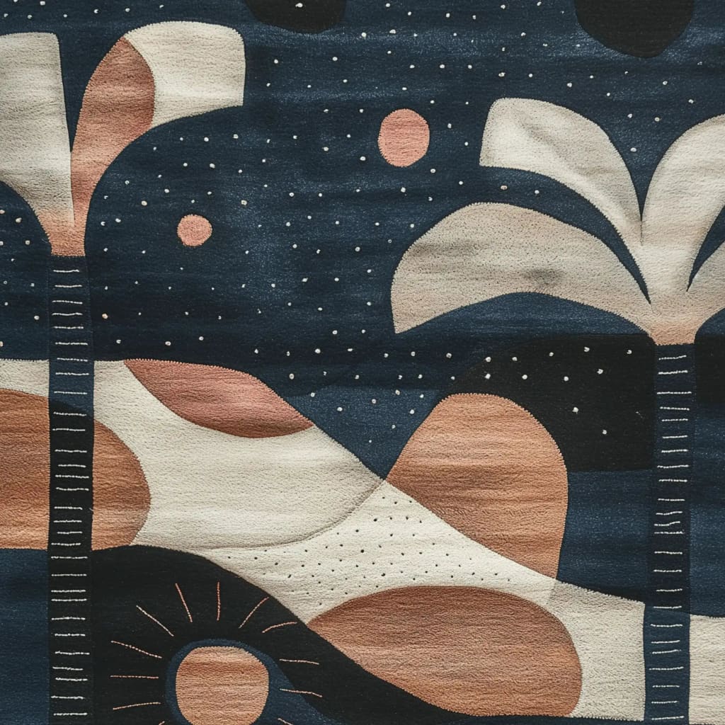 A close-up view of the Palm Echoes Hand Tufted Rug, showcasing its contemporary design with abstract palm trees and celestial patterns. This wool area rug features a mix of navy, beige, and terracotta hues, perfect for adding a vintage touch to living rooms and offices.