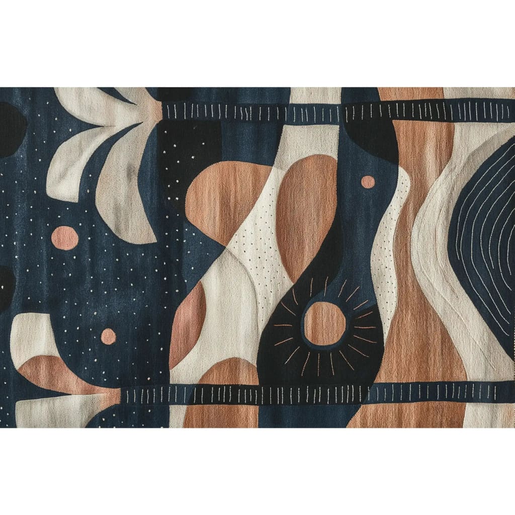 Close-up view of the Palm Echoes Hand Tufted Rug, showcasing its intricate abstract design in earthy tones, perfect for adding a touch of contemporary elegance to any living room or office. This wool rug's vintage-inspired patterns make it a standout piece among area rugs for living rooms.