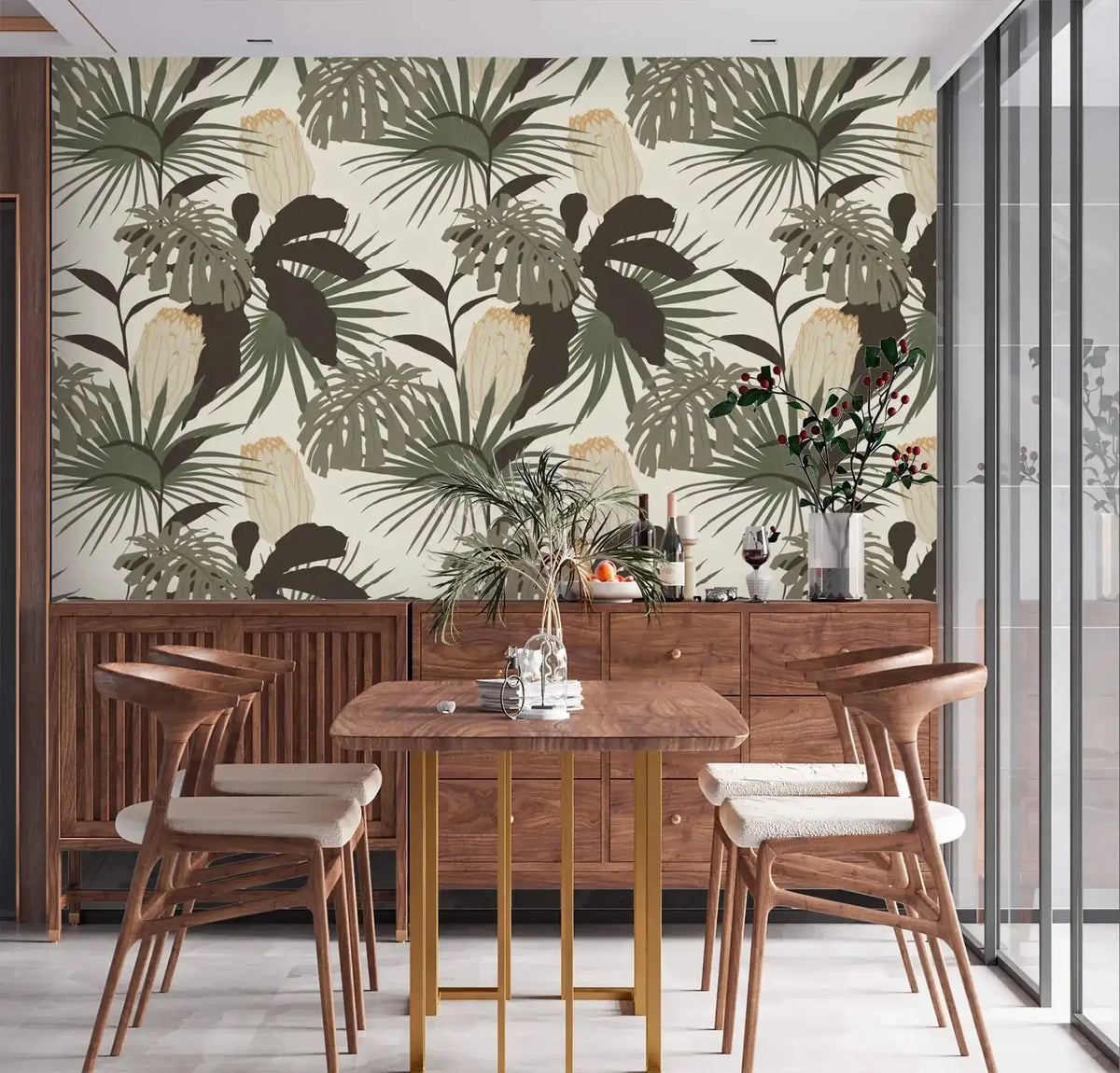 Vintage Glamour Palm and Monstera wallpaper in dining room; sage green and dark palm leaves on cream background