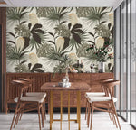 Vintage Glamour Palm and Monstera wallpaper in dining room; sage green and dark palm leaves on cream background