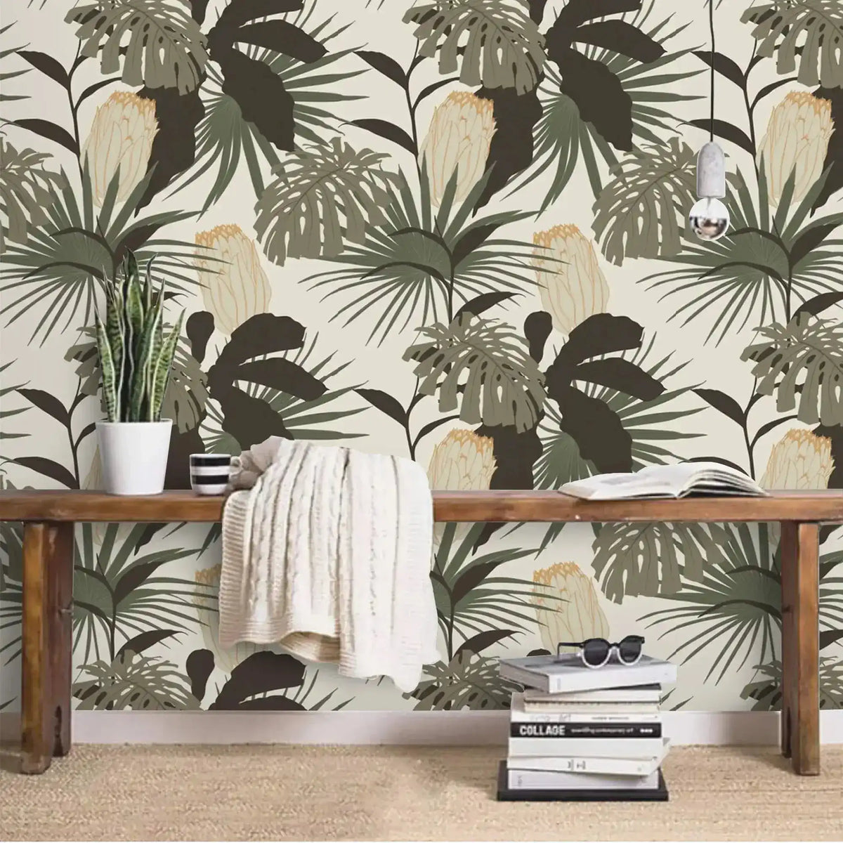 Vintage Glamour Palm and Monstera wallpaper in an entryway setting; layered palm and monstera leaves on cream