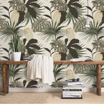 Vintage Glamour Palm and Monstera wallpaper in an entryway setting; layered palm and monstera leaves on cream
