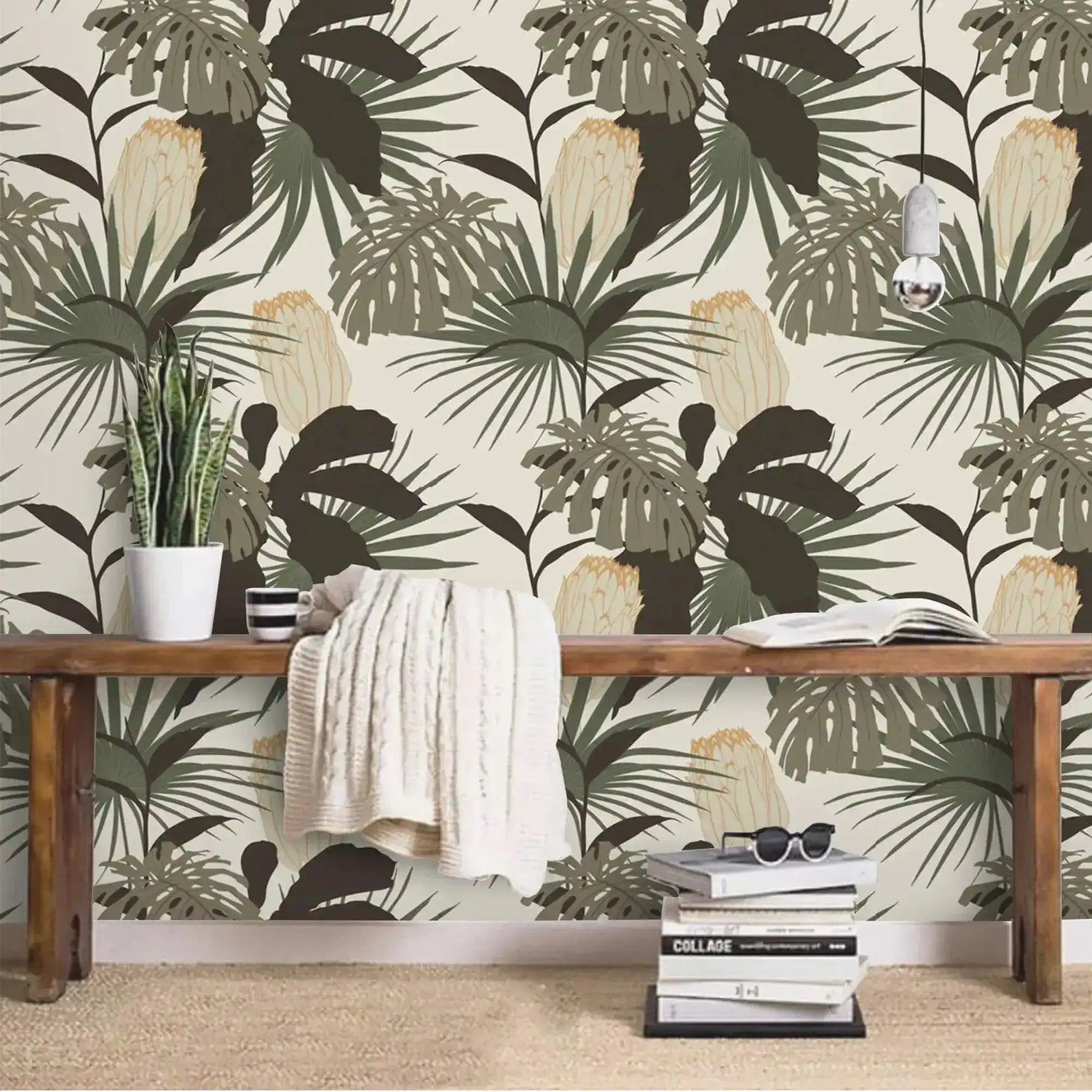 Vintage Glamour Palm and Monstera wallpaper in an entryway setting; layered palm and monstera leaves on cream