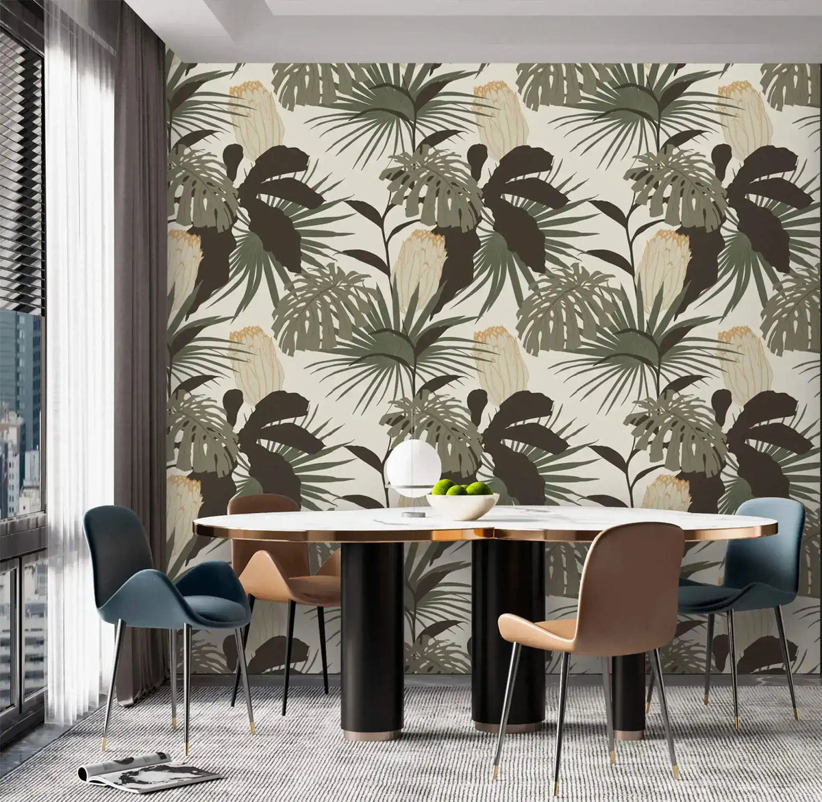 Palm and Monstera Grandeur wallpaper in modern dining room; dark and sage leaves on cream with round marble table