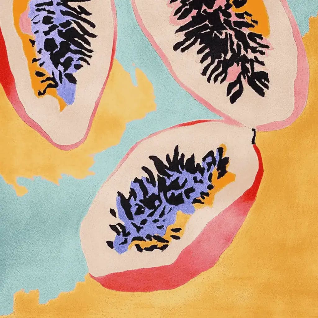 Vibrant Papaya Core Hand Tufted Area Rug featuring bold abstract designs in shades of blue, pink, and orange, perfect for adding a contemporary touch to your living room. This wool rug showcases a modern artistic flair that complements various living room area rugs styles.