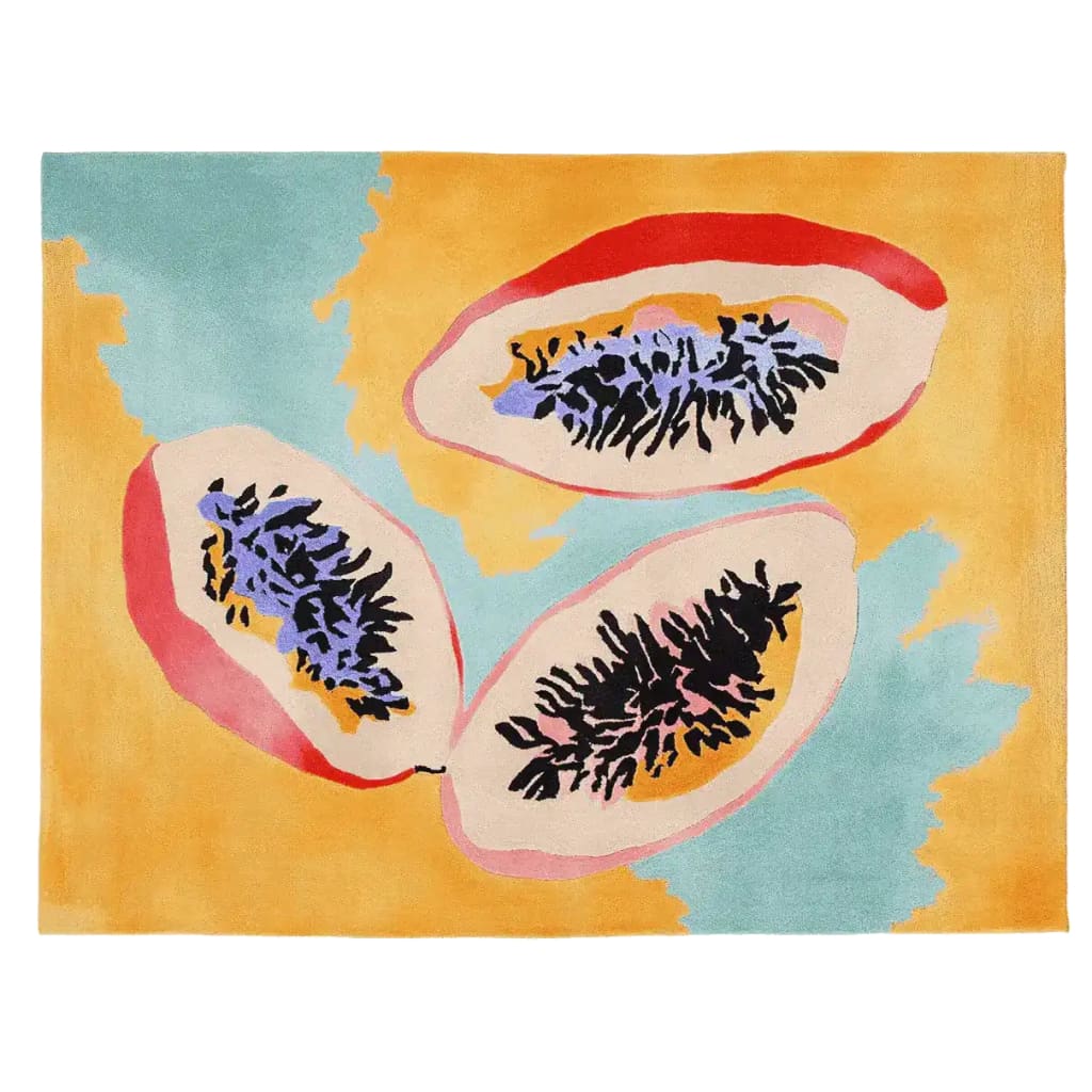 A vibrant Papaya Core Hand Tufted Area Rug featuring abstract patterns with bold orange, blue, and black colors. This contemporary wool rug adds a modern touch to any living room. Perfect for those seeking unique living room area rugs that combine style and comfort.