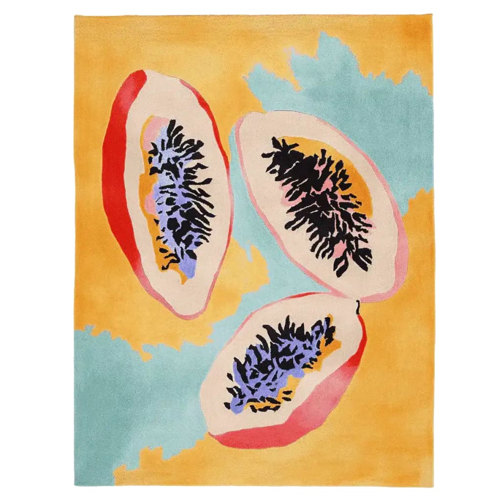 A vibrant Papaya Core Hand Tufted Area Rug showcasing contemporary design with abstract papaya motifs in vivid orange, blue, and pink hues. This wool rug is perfect for adding a splash of color to living room area rugs, offering a modern touch to any home decor.