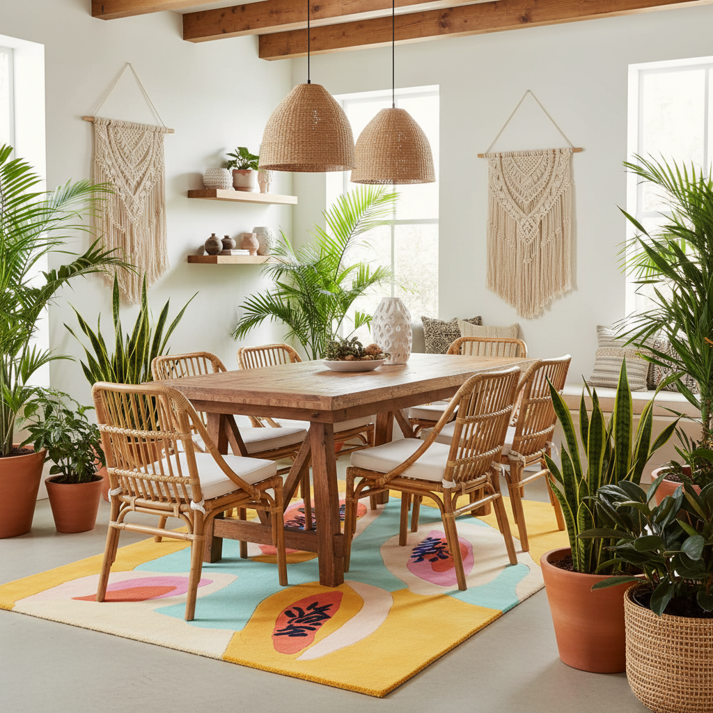 Dining room with wooden table and chairs, plants, and colorful rug.