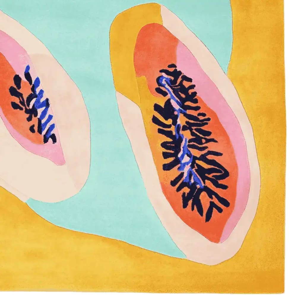 Vibrant hand-tufted area rug featuring abstract papaya designs with a mix of bold colors including orange, blue, and yellow. This contemporary wool rug is ideal for adding a splash of color to large living rooms, perfect for those seeking unique area rugs for living room decor.