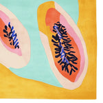 Vibrant hand-tufted area rug featuring abstract papaya designs with a mix of bold colors including orange, blue, and yellow. This contemporary wool rug is ideal for adding a splash of color to large living rooms, perfect for those seeking unique area rugs for living room decor.