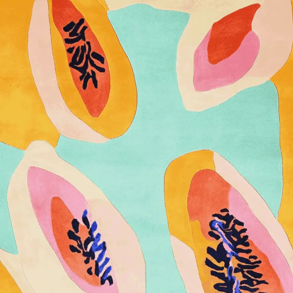Vibrant hand tufted area rug featuring abstract papaya designs with vivid orange, pink, and blue hues. This contemporary wool rug is perfect for adding a splash of color to large living rooms, making it an ideal choice for those seeking stylish area rugs for living room spaces.