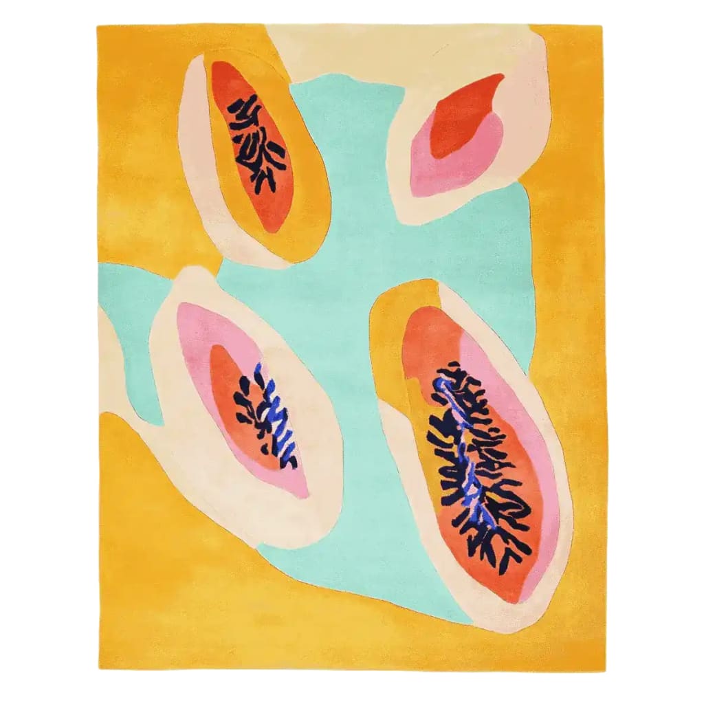 Discover the vibrant Papaya Tales Hand Tufted Area Rug, a stunning contemporary rug perfect for adding a splash of color to your living room. This wool rug features abstract papaya designs in bold oranges and blues against a soft teal and yellow background, making it an ideal choice for large living room rugs and area rugs for living room spaces.