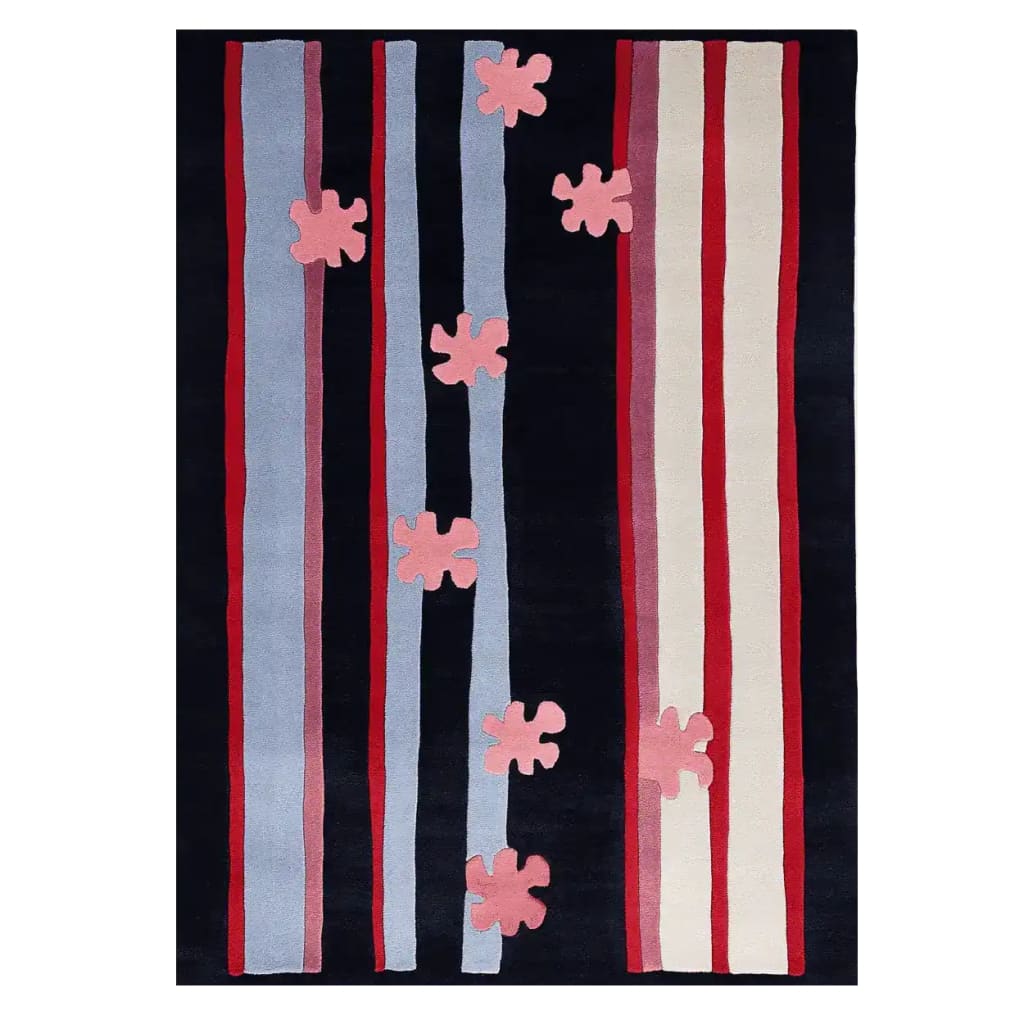 Contemporary Parallel Petals Hand Tufted Area Rug featuring colorful vertical stripes in red, blue, and cream, with abstract pink petal designs. Perfect wool rug for adding a modern touch to living rooms.